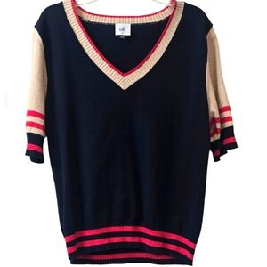 CAbi Navy Mix  V-Neck Short Sleeve TV  Sweater with Striped Accents Size M